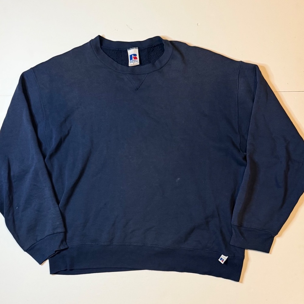 90s Russell Athletic Sun Faded Sweatshirt Mens L Navy V-Stitch Pullover